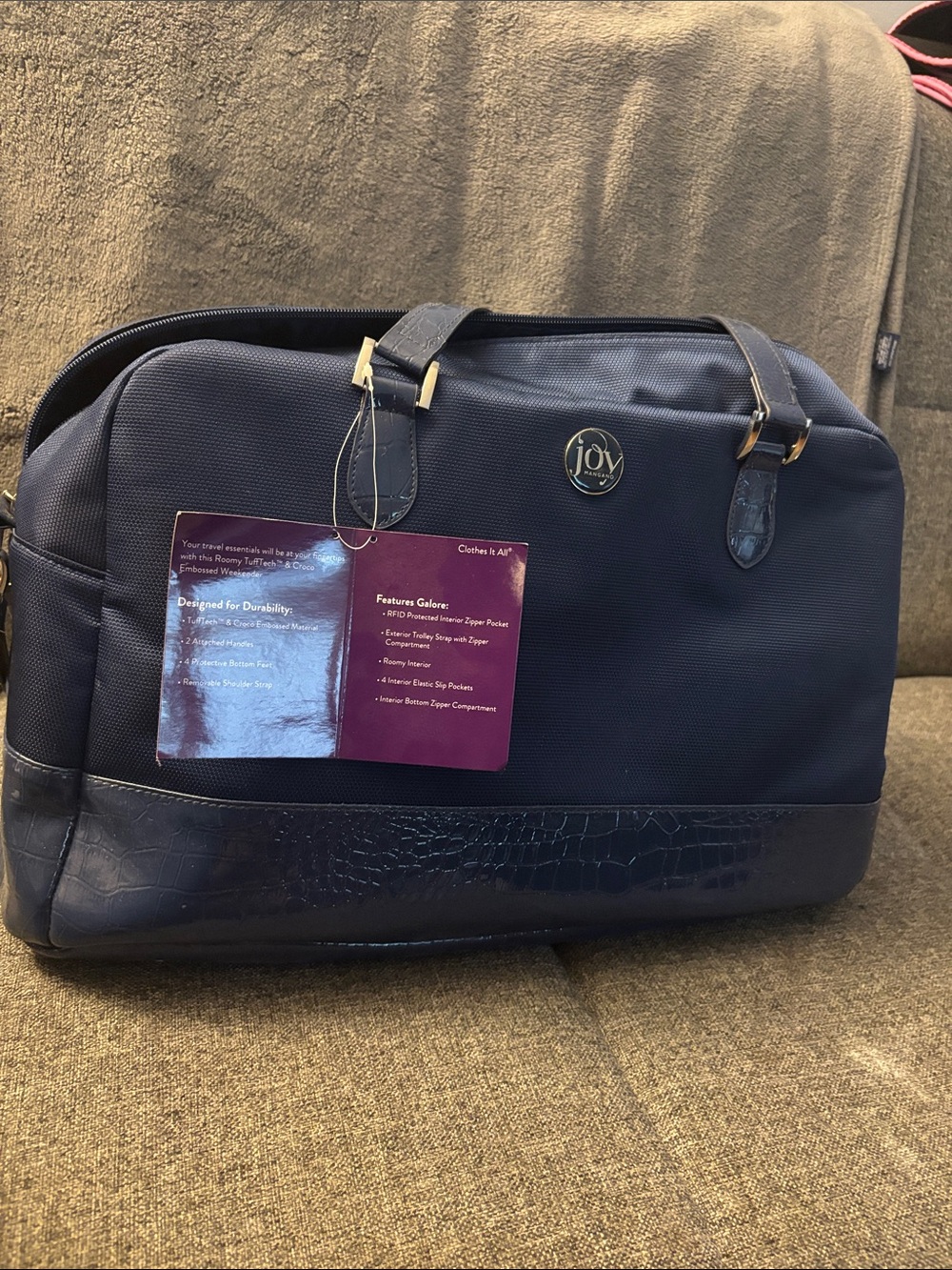 Joy Mangano Navy Travel Duffel with Croc-Accent Trim